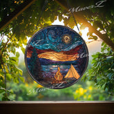 Mountain Camping Stained Glass Suncatcher: Starry Night Forest Decor
